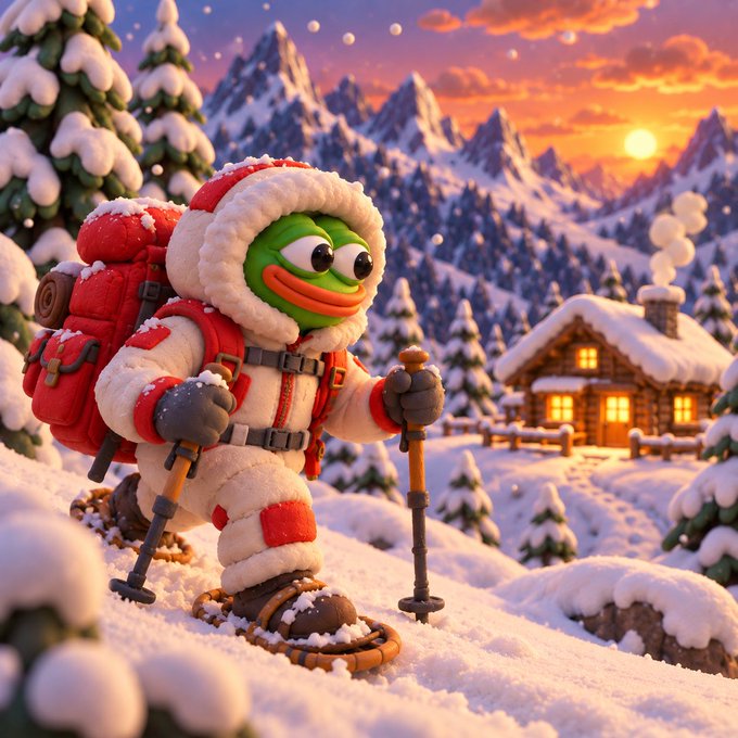 A 3D-rendered cartoon green creature wearing a red and white winter outfit and backpack hikes through snow with ski poles, with a snow-covered cabin and sunset mountains in the background.
