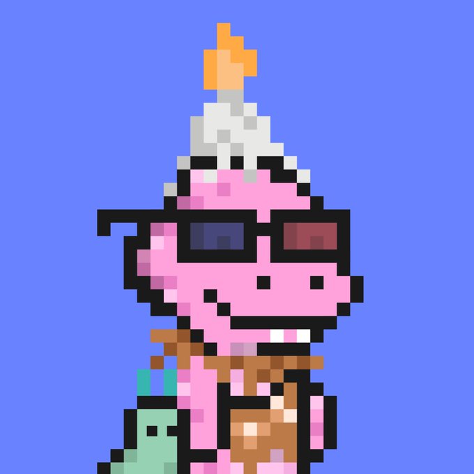 A pixel art pink dinosaur character wearing 3D glasses and a flaming candle hat appears alongside a smaller teal dinosaur, with no visible text, celebrating SebasHbar's giveaway of 2 Sarties NFTs to mark reaching 3,000 followers on X.