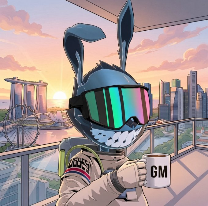 A digital illustration of a robotic character wearing reflective ski goggles and a spacesuit, holding a mug labeled "GM" against a Singapore skyline at sunset.