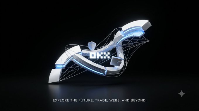 The image showcases a futuristic 3D rendering of the OKX logo, featuring a stylized metallic "X" with glowing blue accents and interconnected geometric lines on a dark background. At the bottom, the tagline reads "EXPLORE THE FUTURE. TRADE. WEB3. AND BEYOND."—reinforcing the post's message about OKX as a modern, accessible crypto trading platform for all experience levels.