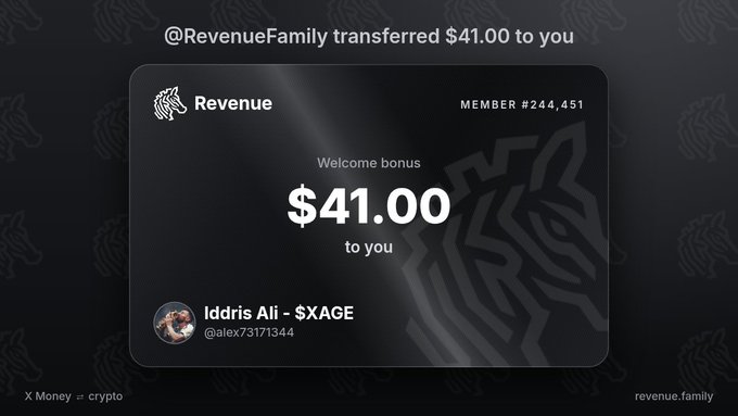 A digital graphic displays a welcome bonus of '$41.00' transferred from '@RevenueFamily' to user 'Iddris Ali - $XAGE'.