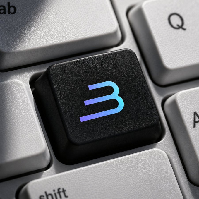 A close-up of a black computer keyboard key featuring a stylized blue and purple '3' or 'B' logo, surrounded by standard white keys including Tab, Q, A, and Shift.
