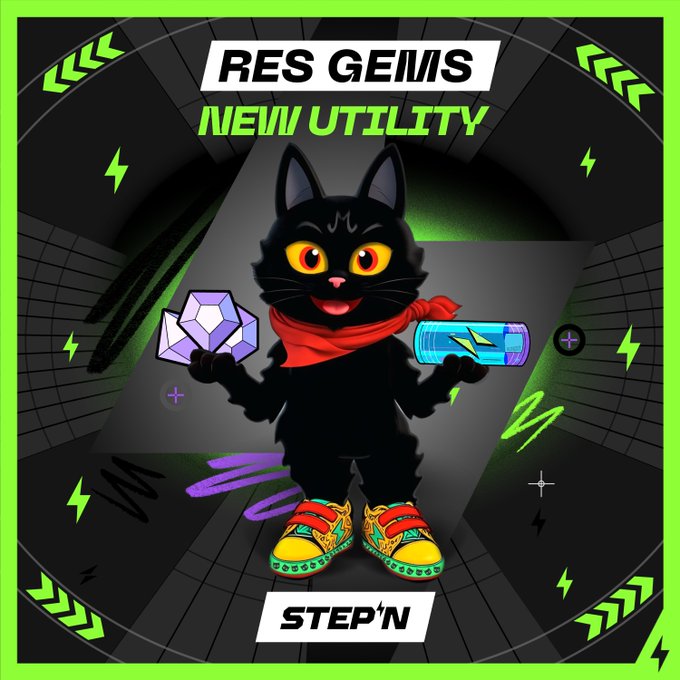 The image features a black cat wearing colorful shoes and holding a blue and purple crystal ball with a lightning bolt design. The caption reads "RES GEMIS NEW UTILITY" above the cat's head, indicating that this is an advertisement for a new utility or product related to Res Gemis. The post also mentions that the cat has won Challenge Capsules in StepN and StepNGO, which could be a reward for participating in a contest or challenge.