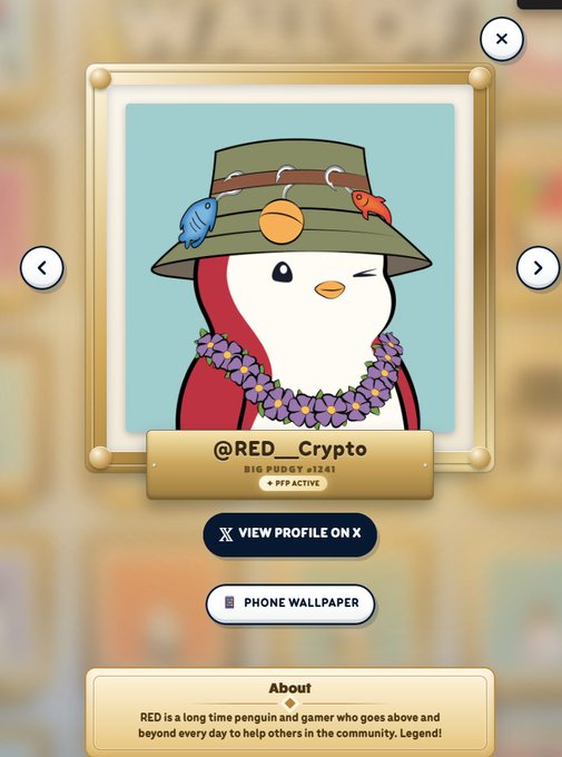 A profile card featuring a cartoon penguin wearing a fishing hat with a blue and orange fish attached, a flower lei, and the username @RED__Crypto with a 'BIG BUDGET' badge showing 12,141 PFP+ACTIVE.