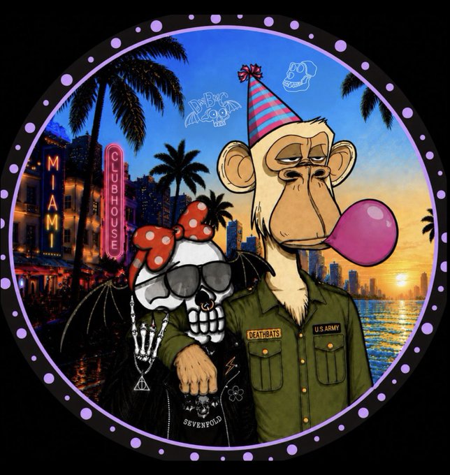 An illustrated circular artwork features a monkey in a U.S. Army uniform blowing a pink bubblegum bubble, wearing a party hat, alongside a skull character with sunglasses and a bow, set against a Miami skyline backdrop with 'CLUBHOUSE' and 'MIAMI' neon signs.