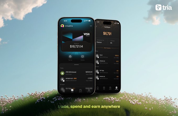 "Two phones sitting side by side with a Tria logo displayed behind them."