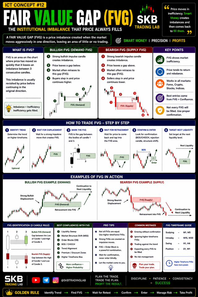Educational trading infographic titled 'ICT CONCEPT #12 FAIR VALUE GAP (FVG)' by SKB Trading Lab, explaining bullish and bearish FVGs with charts, step-by-step trading instructions, and examples.