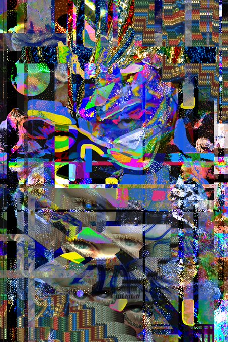 An abstract, glitch-art style composition featuring fragmented shapes, vibrant neon colors, and circuit-like patterns in a chaotic, digital aesthetic.