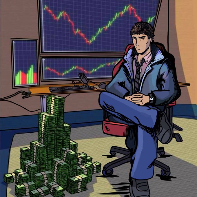 A comic-style illustration of a serious man in a blue jacket sitting in a chair in front of multiple monitors displaying stock charts, with a large pile of banded cash stacked on the floor beside him.