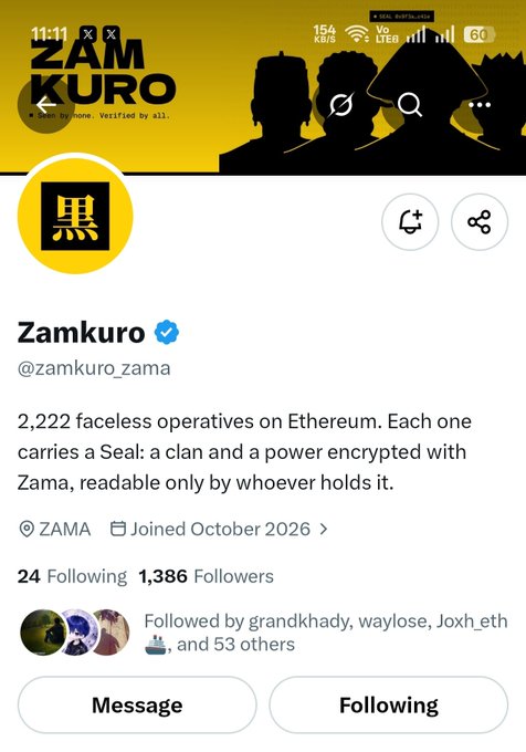 An X profile for "Zamkuro" (@zamkuro_zama) describing itself as "2,222 faceless operatives on Ethereum" with 1,386 followers, joined October 2026.