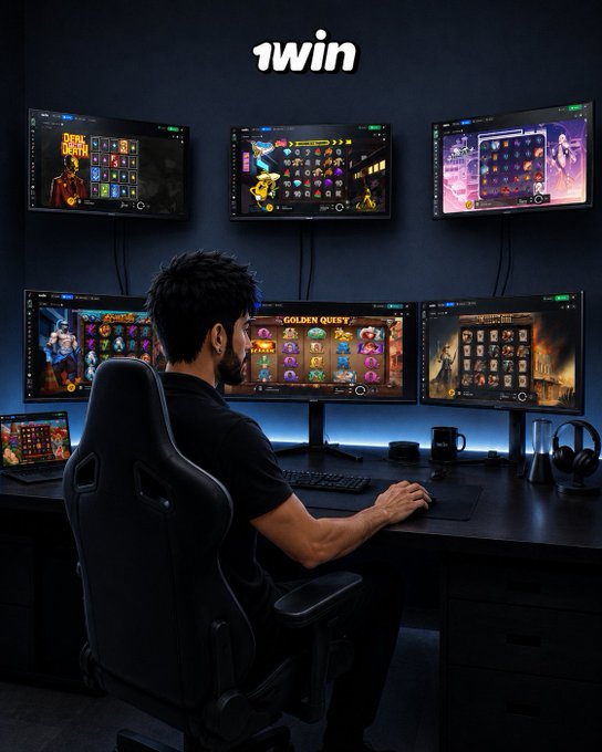 A gamer sitting in a dark room facing a multi-monitor setup displaying various slot game interfaces under a '1win' logo.