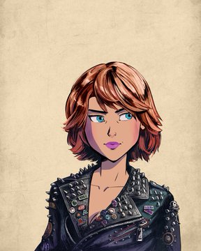 An anime-style illustration of a woman with short brown hair and blue eyes, wearing a studded black leather jacket, set against a beige background.