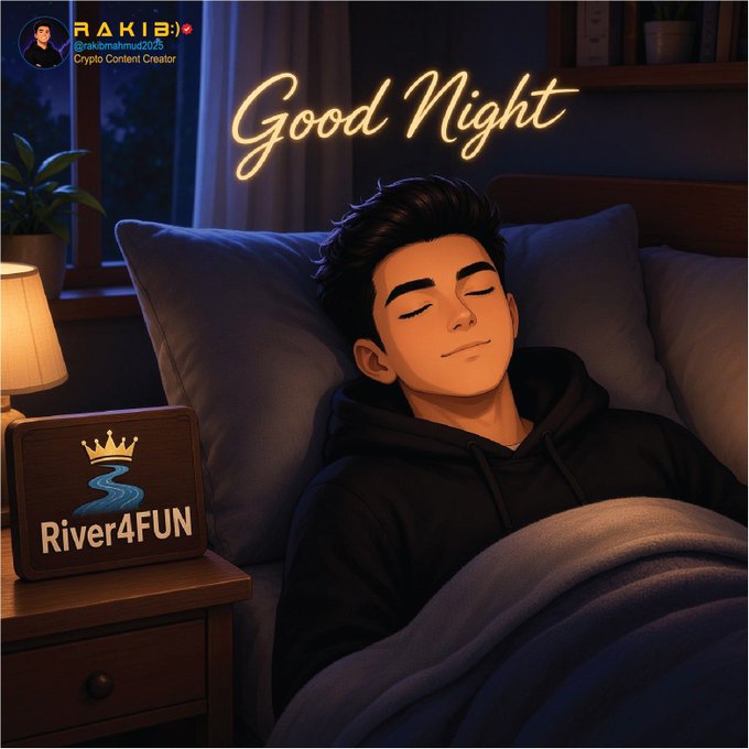 An illustrated scene of a young man sleeping peacefully in bed with the glowing neon text "Good Night," a "River4FUN" logo on the nightstand, and the creator handle "RAKIB @rakibmahmud2025 Crypto Content Creator" in the corner.