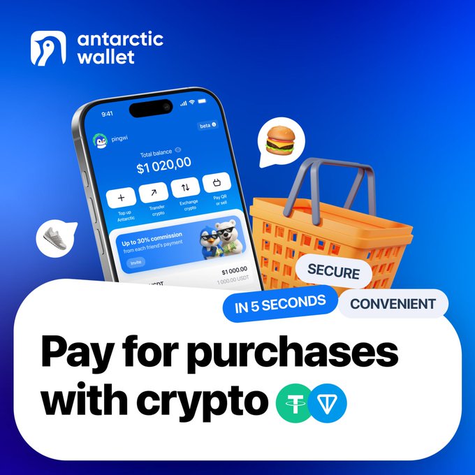 An advertisement for 'Antarctic Wallet' showing a smartphone displaying a balance of $1,020.00, with text reading 'Pay for purchases with crypto' alongside Tether (T) and Vechain (V) logos.
