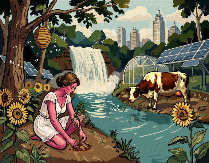 A digital illustration depicting a woman planting a sapling by a river, with a cow drinking, solar panels, a beehive, a waterfall, a greenhouse, and a city skyline in the background.