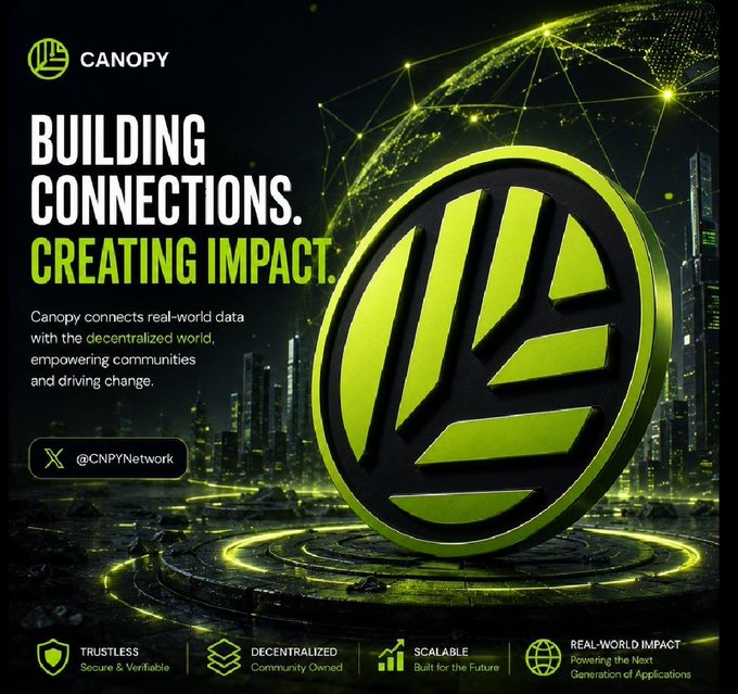 A promotional graphic for Canopy displays the headline 'BUILDING CONNECTIONS. CREATING IMPACT,' with text explaining that Canopy connects real-world data with the decentralized world. It includes the X handle '@CNPYnetwork' and feature tags for 'Trustless,' 'Decentralized,' 'Scalable,' and 'Real-World Impact.'