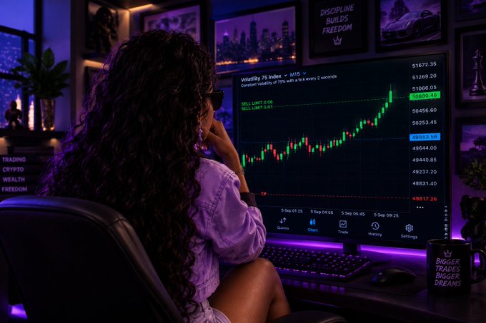 A stylized photo of a woman with long curly hair viewing a stock chart on a monitor showing 'Volatility 75 Index' with green and red candlesticks, in a room with trading-themed wall art.