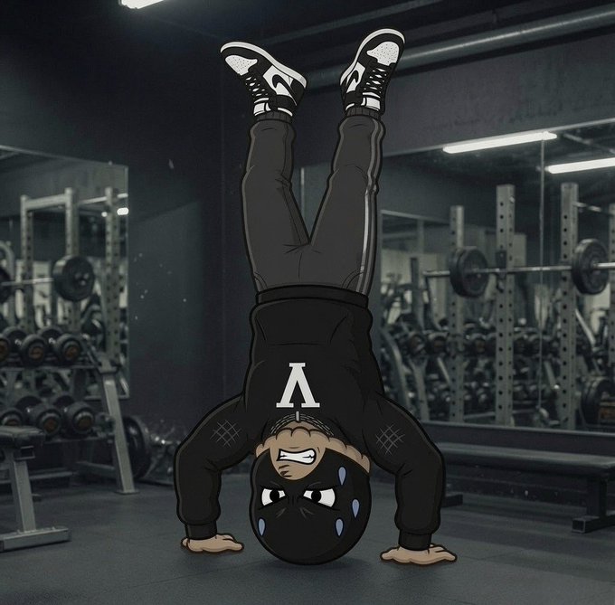 A 3D rendered image showing a cartoon-style character performing a handstand in a gym, wearing a black hoodie with a lambda symbol.