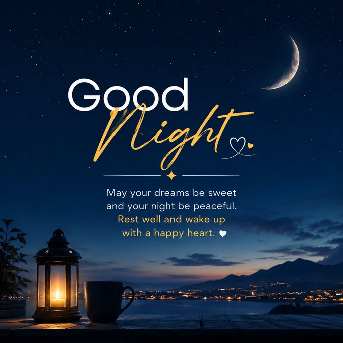 A 'Good Night' greeting card with a starry sky, crescent moon, candle lantern, and coffee mug overlooking a coastal town, with the message 'May your dreams be sweet and your night be peaceful. Rest well and wake up with a happy heart.'