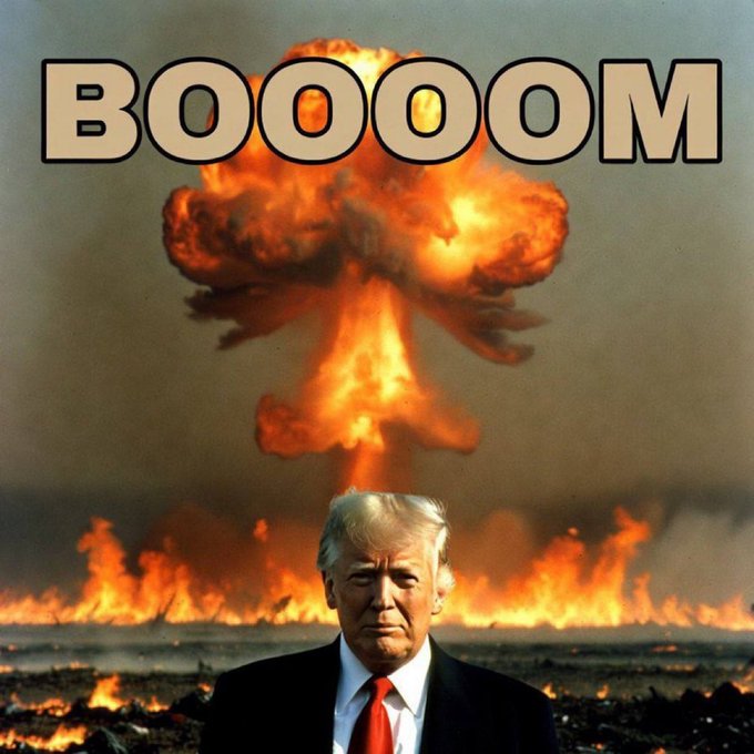 The image shows Donald Trump standing solemnly in front of a massive mushroom cloud explosion with the word "BOOOOM" displayed prominently above, visually emphasizing the dramatic and explosive nature of the announcement regarding the CLARITY BITCOIN ACT scheduled for 9pm. The apocalyptic backdrop serves as a striking visual metaphor for the supposed impact of Trump's upcoming presidential statement on Bitcoin legislation.