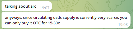A Telegram chat screenshot shows a message at 19:08 explaining that USDC supply on ARC is scarce, requiring OTC purchase at a 15-30x premium. This directly illustrates the post's point about ARC users paying high premiums for bridged USDC to trade newly deployed tokens early, highlighting how illiquid new chains can become.