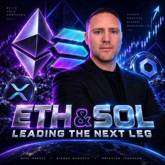 A man in a black blazer stands confidently against a futuristic crypto-themed backdrop featuring Ethereum and Solana logos, with the bold text "ETH & SOL: LEADING THE NEXT LEG" and slogans like "BUILD HOLD COMPOUND" and "HIGHER ADOPTION BIGGER OPPORTUNITIES." The image aligns with the weekend greeting, sharing a positive outlook on these leading cryptocurrencies and the promising opportunities they represent.