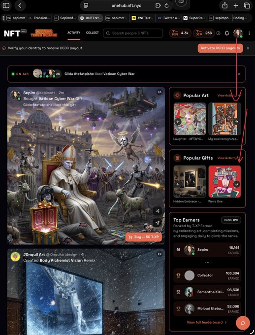 A screenshot of the OneHub NFT website homepage showing activity feeds, popular art and gifts sections, and a top earners leaderboard, with a red arrow pointing to the 'Activate USDC payouts' button.
