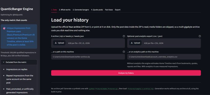 The image shows the "Load your history" interface of the QuanticBanger Engine, where users can upload a 4GB ZIP archive of their X archive (tweets.json) or 4GB of CSV/JSON analytics data from X's official platform, with a "Threshold: 500,000 qualified impressions in 90 days, plus 500 verified followers" displayed in the sidebar. This data upload step directly supports the post's concept, as it allows users to analyze past performance to inform new content optimized for Original Content Rewards.