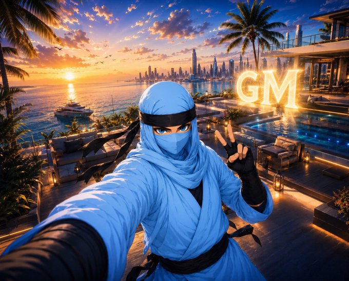An AI-generated image of a ninja character in blue attire making a peace sign in a selfie pose, set against a luxurious sunset coastal cityscape with a glowing 'GM' sign.