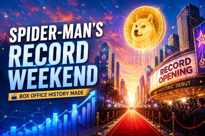 A promotional graphic reads 'SPIDER-MAN'S RECORD WEEKEND - BOX OFFICE HISTORY MADE' alongside a Dogecoin golden coin, a rising chart, and a movie premiere scene.