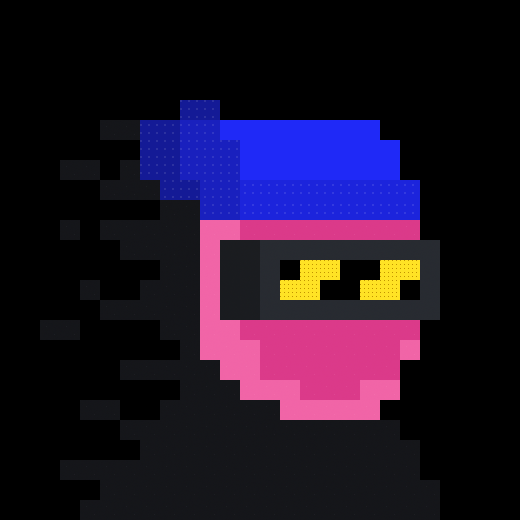 A pixel art illustration of a character with a pink face, dark visor with yellow rectangular eyes, and a blue hat, trailing black pixelated motion lines to suggest speed.