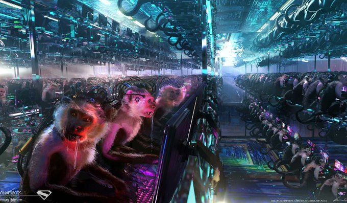 A dystopian server farm filled with rows of helmet-wearing monkeys connected by tubes serves as a visual metaphor for the post's sarcastic critique of web3 PR teams—suggesting that fending off FUD requires an almost robotic, factory-like operation of suppression rather than authentic engagement.
