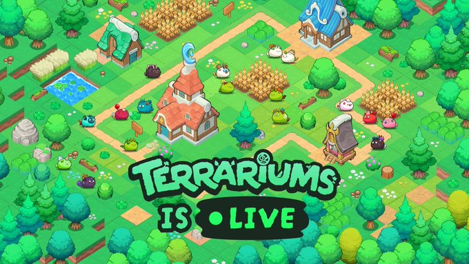 The image features a cartoon-like scene with various terrariums scattered throughout the landscape. The text "Terrariums is O.P." is written above the scene, indicating that this is an update or new version of the game. The post also mentions that Terrariums might be one of the most important Axie updates in years because it replaced active management and resource loops with a more streamlined approach focused on terrariums as the main gameplay element.