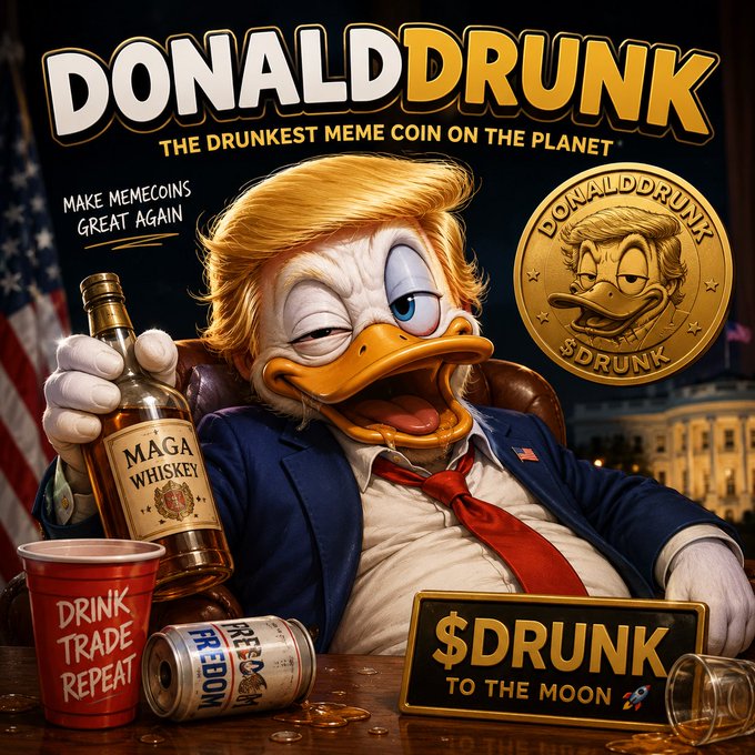 A promotional meme image for 'DONALDDRUNK' cryptocurrency, described as 'THE DRUNKEST MEME COIN ON THE PLANET', featuring a cartoon duck character resembling Donald Trump holding a bottle of 'MAGA WHISKEY', with a '$DRUNK TO THE MOON' sign and 'Drink Trade Repeat' text.