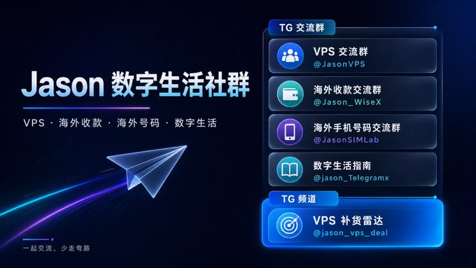 A promotional graphic for "Jason 数字生活社群" (Jason Digital Life Community) featuring a paper airplane graphic alongside a list of Telegram groups: @JasonVPS (VPS交流群), @Jason_WiseX (海外收款交流群), @JasonSIMLab (海外手机号码交流群), @jason_Telegramx (数字生活指南), and @jason_vps_deal (VPS_补货雷达), which directly corresponds to the community matrix described in the post.
