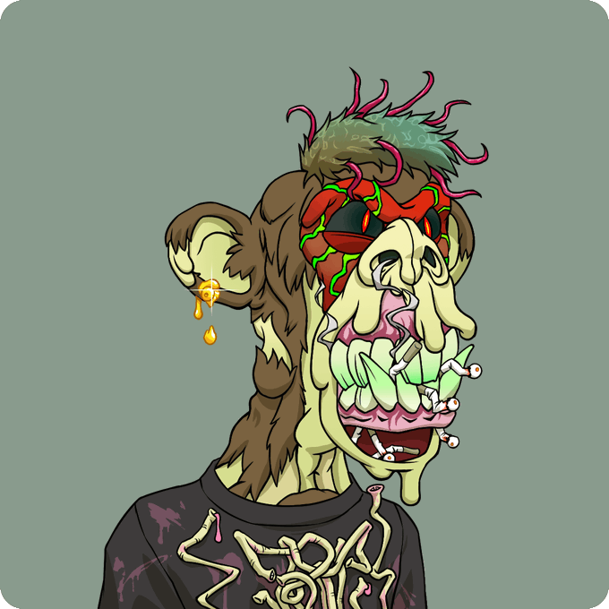 A grotesque cartoon illustration of a zombie-like character with green skin, bulging bloodshot eyes, a wide toothy grin, and cigarettes in its mouth, wearing a black shirt with a pentagram design.