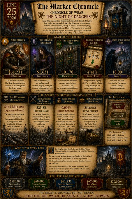 The image is a fantasy-themed "Market Chronicle" newsletter dated June 25, 2026, displaying crypto and financial data including King Bitcoin at $61,231 (In Retreat), Etherum at 1,631 (Weakened), DXY at 101.70 (Unmoving), S&P 500 at 4,411 (Slight Ease), and Gold at $18.00 (Stable). It relates to the post by visualizing the bearish market conditions, particularly Bitcoin slipping toward $61.2k support and ETH's weakening position at $1,631.