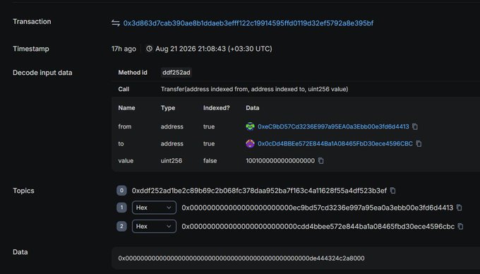 A blockchain transaction details page showing a Transfer call of 1,000,000,000,000,000,000 (1 $INK) sent from address 0xeC9b...4413 to address 0x0Cd4...6cbc via the Df6A5 contract (method id ddf252ad), dated August 21, 2026 at 21:08:43 UTC, corresponding to the post's claim of $INK mainnet activity after 2 months.