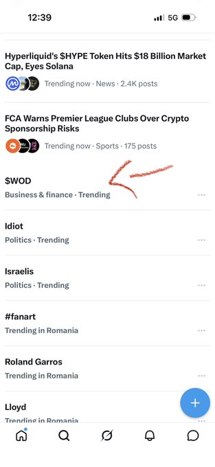 The image shows a phone screen with a social media app, where a red arrow pointing at the word "SOD" indicates that the user has tagged something related to the hashtag "#WOD". The post about #WOD is titled "Love seeing $WOD trending", which suggests that it's gaining popularity or attention.