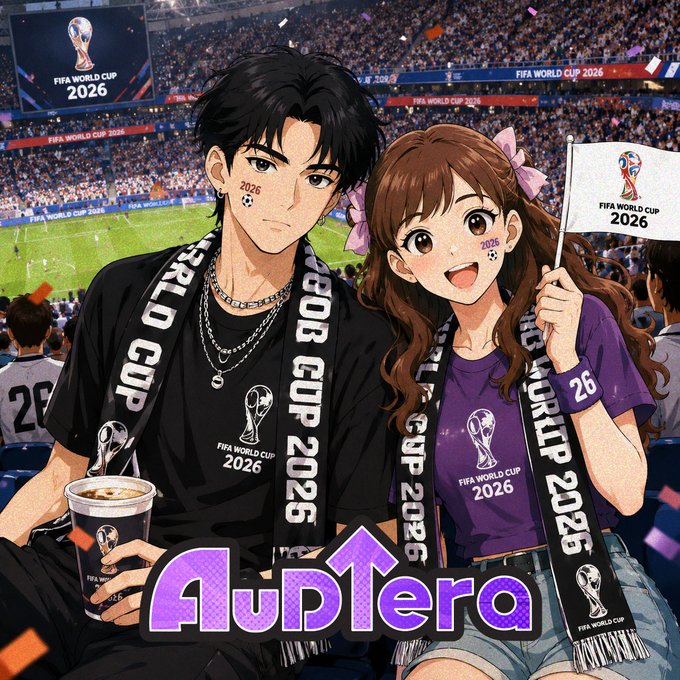Two anime-style fans wearing "FIFA World Cup 2026" scarves cheer in a packed stadium—one holding a coffee cup, the other waving a FIFA flag. The overlaid "Audiera" branding ties the World Cup's spirit of global competition to Audiera's AI-powered music creation and NFT minting platform, framing the crypto platform as a parallel arena for emerging digital artists.