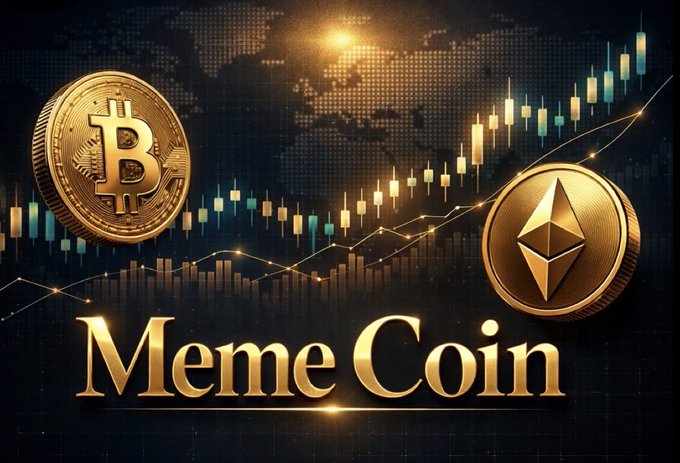 Promotional graphic titled 'Meme Coin' featuring Bitcoin and Ethereum coins with rising candlestick charts and a world map background.