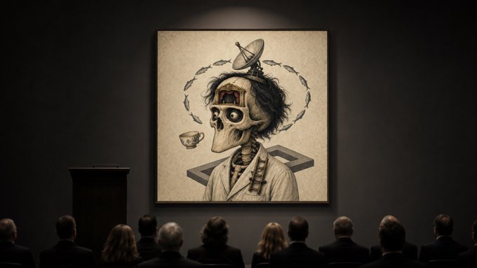 An audience views a surreal gallery painting depicting a figure with an open, cavernous head, a satellite dish, and a teacup, rendered in dark, sketch-like tones.