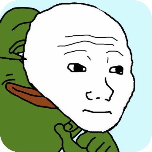 A Wojak-style cartoon drawing of a melancholic white-faced character hugging a green frog plush toy against a light blue background.