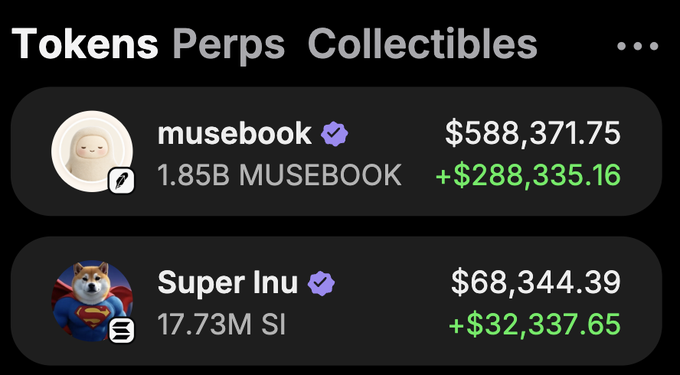 The image shows a crypto portfolio under "Tokens Collectibles" featuring MUSEBOOK (1.85B tokens, valued at $588,371.75 with a +$288,335.16 gain) and Super Inu (17.73M SI tokens, valued at $68,344.39 with a +$32,337.65 gain), serving as visual proof of the poster's claimed $600,000 valuation from an early $SOL investment in $musebook to promote their giveaway.