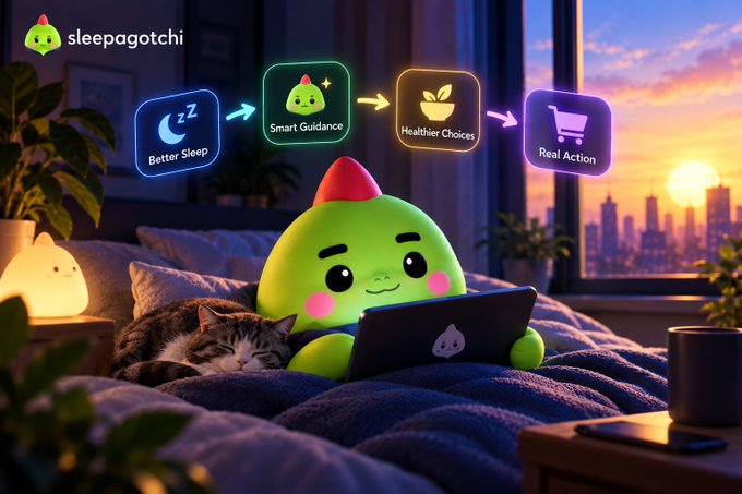 Promotional image for 'sleepagotchi' app showing a green character on a bed with a sleeping cat, illustrating a flow from 'Better Sleep' to 'Smart Guidance' to 'Healthier Choices' to 'Real Action'.