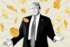 A smaller/cropped version of the same image showing Donald Trump in a suit surrounded by falling gold coins.