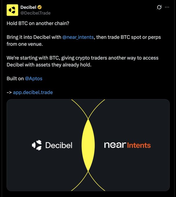 A Decibel (@DecibelTrade) tweet announcing a partnership with NEAR Intents, allowing users to bring BTC from another chain into Decibel for spot or perps trading from one venue, built on Aptos. The post highlights how non-NEAR apps like Decibel and CoW Swap are adopting NEAR Intents as their cross-chain swap provider despite not living on the NEAR chain.