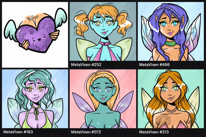 A collage showcases MetaVixen NFTs for sale on OpenSea, featuring a winged heart labeled "MetaVixens" alongside five fairy characters with numbers (#252, #486, #183, #072, #213), each depicted with colorful hair, wings, and ethereal features. The image directly illustrates the post promoting a selection of MetaVixen fairy NFTs available for purchase.