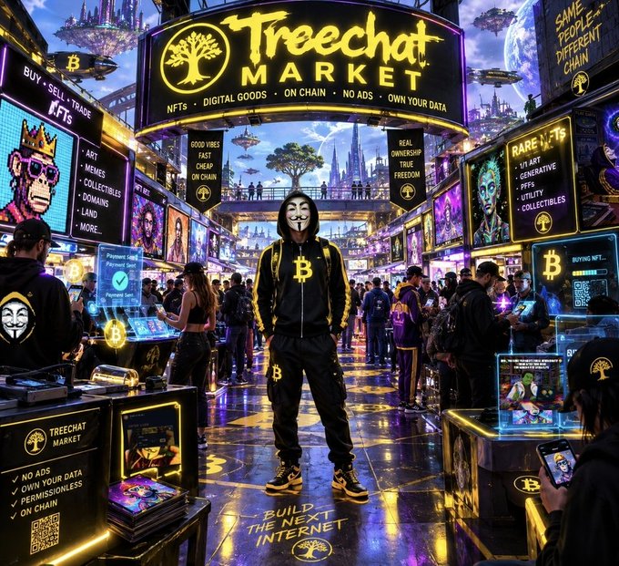 A hooded figure wearing a Guy Fawkes mask and a Bitcoin-logo tracksuit stands in a vibrant cyberpunk marketplace labeled "Treechat MARKET," featuring signs for "NFTS," "DIGITAL GOODS," and "ON CHAIN."