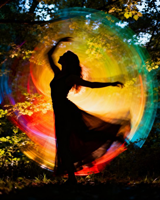 The image features a woman wearing a black dress, standing in front of trees with her arms outstretched as if she's dancing or twirling around. The photo has a colorful effect that makes the scene appear vibrant and lively. The background consists of green leaves from the trees surrounding the woman, creating an impression of being outdoors during sunset. This image seems to be related to a post about dance or movement, given the context provided in the caption.